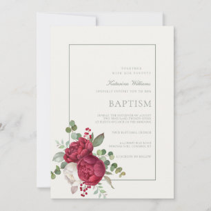 Invitation Belle Peonies Sage Vert Script Baptême d'ivoire