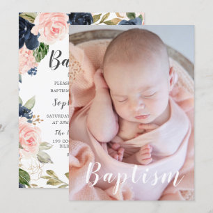 Invitation Belle photo bébé Marine & Baptême floral flush