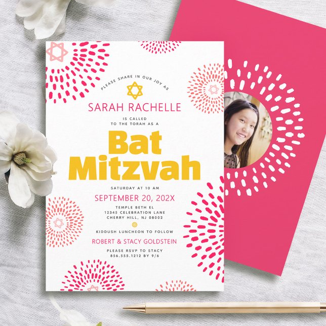Invitation Belle photo de Bat Mitzvah rose, étoile audacieuse (Créateur téléchargé)