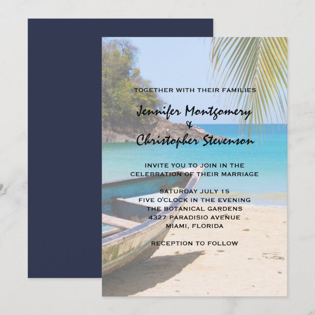 Invitation Belle plage tropicale avec un Mariage en bateau (Devant / Derrière)