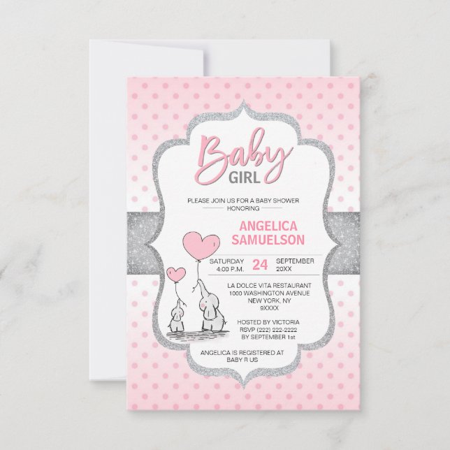 Invitation Belle Polka Dot rose Grey Elephant Baby shower FIL (Devant)