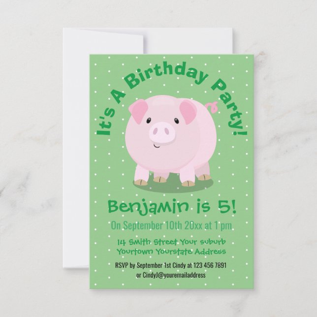 Invitation Belle poterie rose cochon ventré anniversaire pers (Devant)