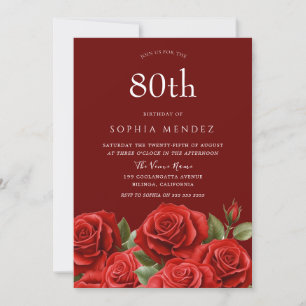 Invitation Belle Red Roses 80e fête d'anniversaire