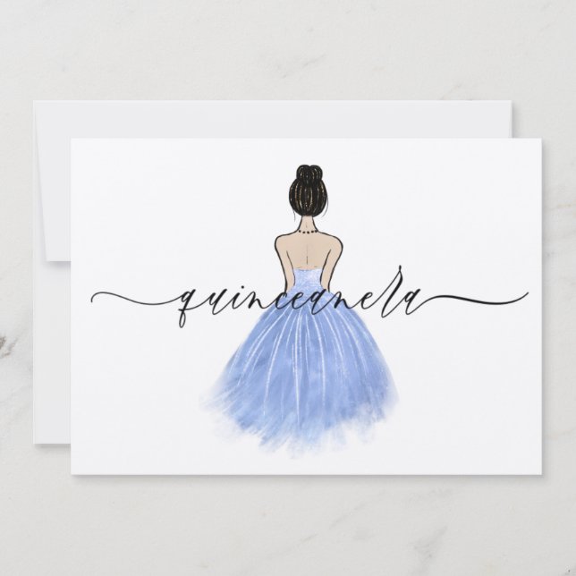 Invitation Belle robe bleu gown Script Quinceanera Party (Devant)