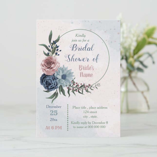 Invitation belle rose bleu floral wreath nuptiale douche (Debout devant)