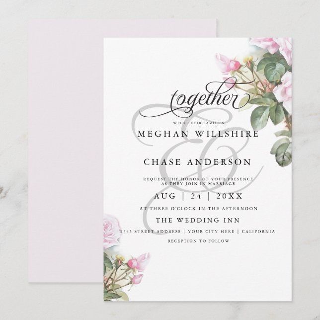 Invitation Belle rose peinte Roses BarefootBride™ (Devant / Derrière)