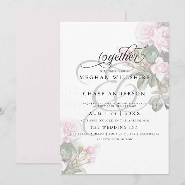 Invitation Belle rose peinte Roses BarefootBride™ (Devant / Derrière)