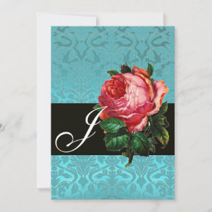 INVITATION BELLE ROSE PINK  MONOGRAMME DAMASSÉ BLEU NOIR