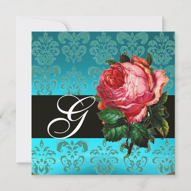 INVITATION BELLE ROSE PINK  MONOGRAMME DAMASSÉ NOIR BLEU (Devant)