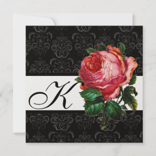 INVITATION BELLE ROSE PINK  NOIR BLANC  DAMAS MONOGRAMME