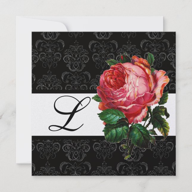 INVITATION BELLE ROSE PINK  NOIR BLANC  MONOGRAMME DAMASSÉ (Devant)