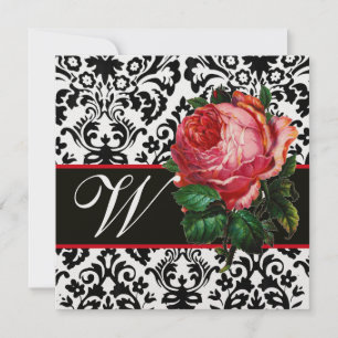 INVITATION BELLE ROSE ROSE  NOIR BLANC  DAMAS MONOGRAMME
