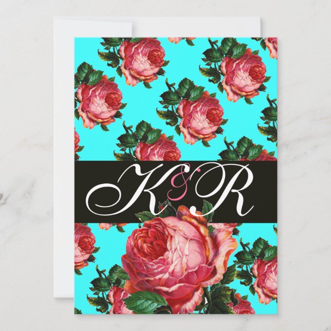 INVITATION BELLE ROSE ROSE PÂLE BLEU SAPHIR FLORAL MONOGRAMME (Devant)