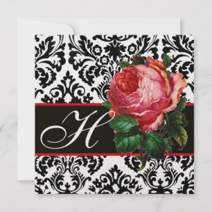 INVITATION BELLE ROSE ROSE PÂLE  NOIR BLANC  DAMAS MONOGRAMME