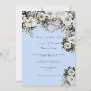 Invitation Belle Roses Blanches Vignes Feuilles Bleus