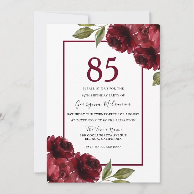 Invitation Belle Roses Rouges Élégante 85e fête d'anniversair (Devant)