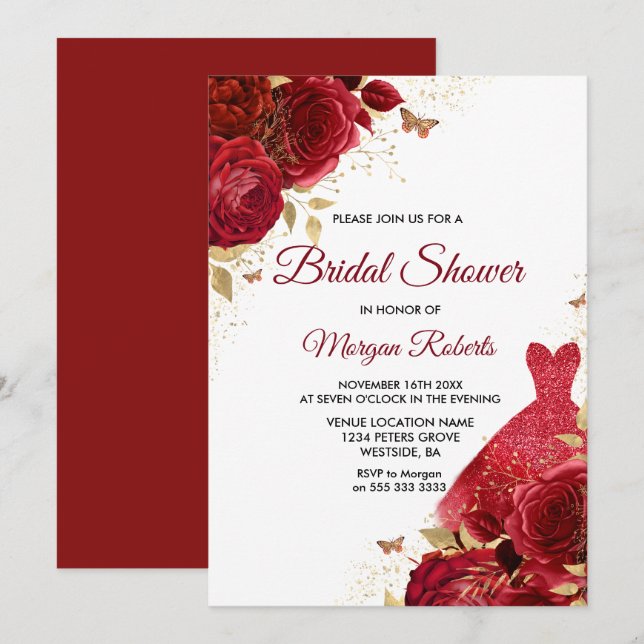 Invitation Belle Roses Rouges Étincelante Fête des mariées ro (Devant / Derrière)
