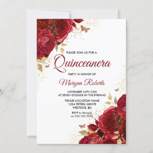 Invitation Belle Roses Rouges Papillons Quinceanera Party