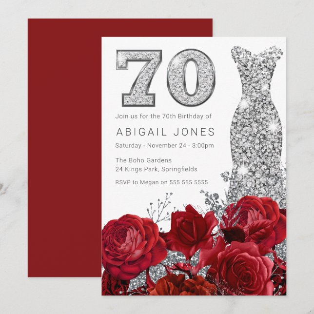 Invitation Belle Roses rouges & Robe d'argent 70e anniversair (Devant / Derrière)