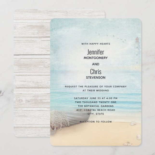 Invitation Belle scène de plage avec Mariage de bateau et de  (Devant / Derrière)