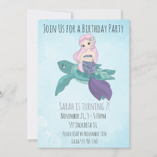 Invitation Belle sirène assise sur une tortue de mer