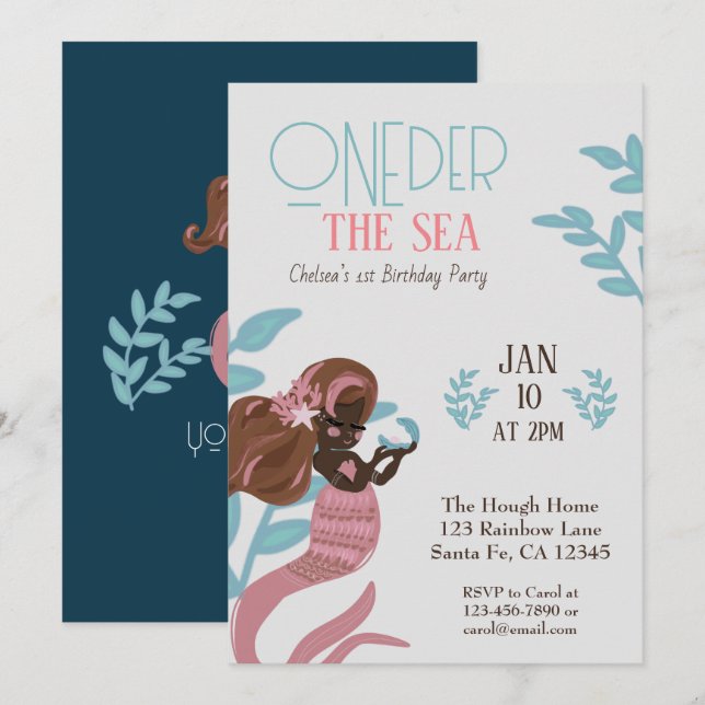 Invitation Belle Sirène Filles Premier Anniversaire (Devant / Derrière)