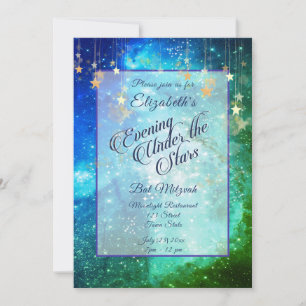 Invitation Belle sous la Bat Mitzvah Bleue Verte des Étoiles