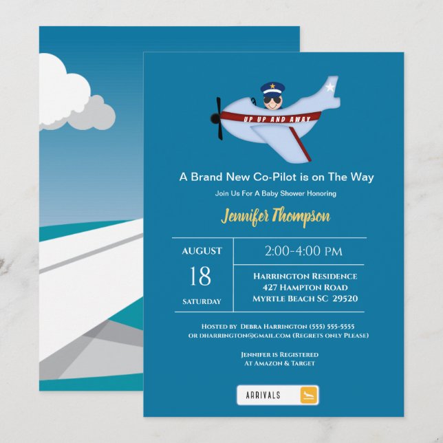 Invitation Belle Sunshade Baby shower pilote et avion (Devant / Derrière)