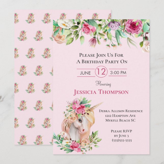 Invitation Belle Unicorn Anniversaire (Devant / Derrière)