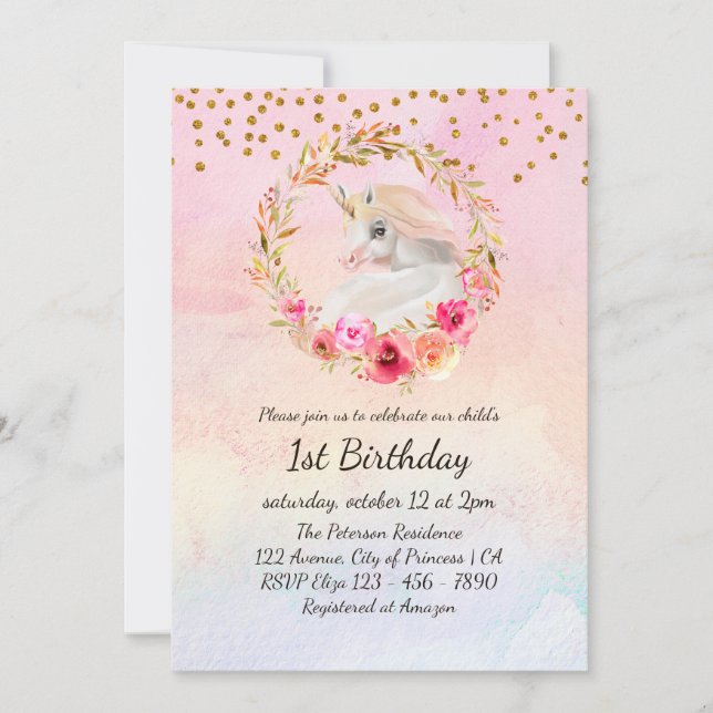 Invitation Belle Unicorne Aquarelle Florale 1er Anniversaire  (Devant)
