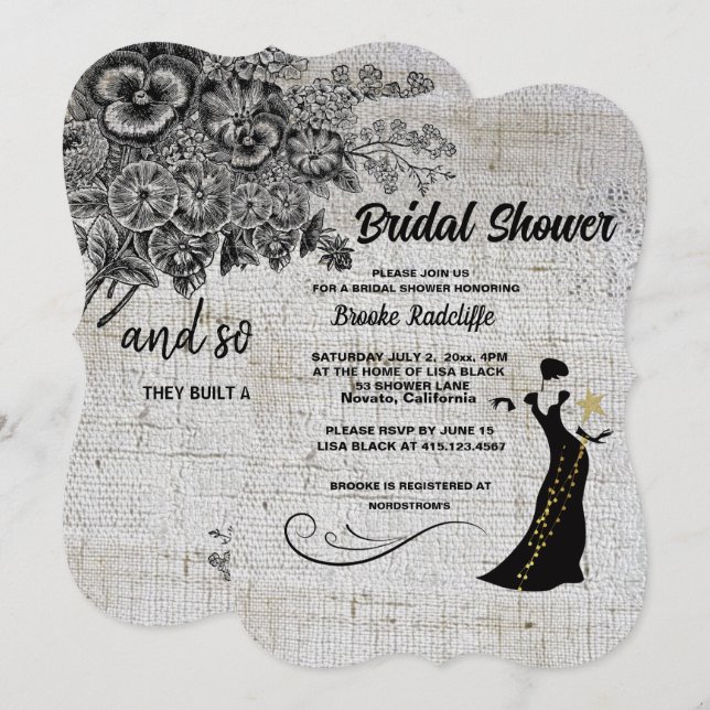Invitation Belles fleurs artistiques noires/grises (Devant / Derrière)