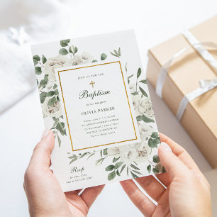 Invitation Belles fleurs blanches et or   Baptême