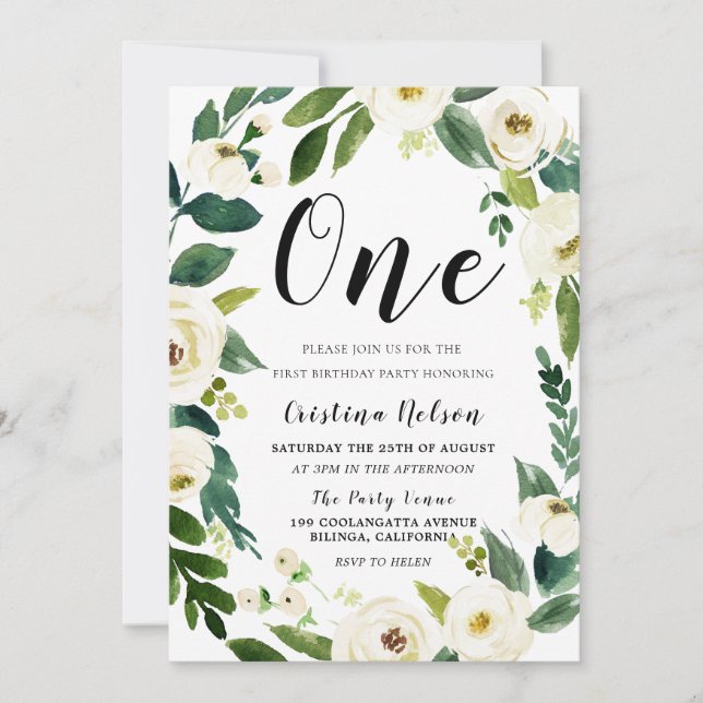 Invitation Belles fleurs blanches Photo Retour 1er anniversai (Devant)