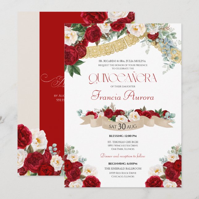 Invitation Belles fleurs florales Quinceanera rouge & blanc (Devant / Derrière)