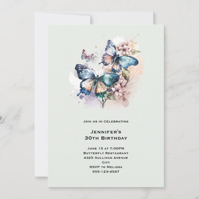 Invitation Belles papillons et fleurs Anniversaire (Devant)