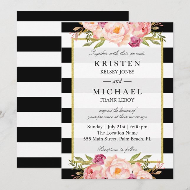 Invitation Belles rayures florales Classy Mariage officiel (Devant / Derrière)
