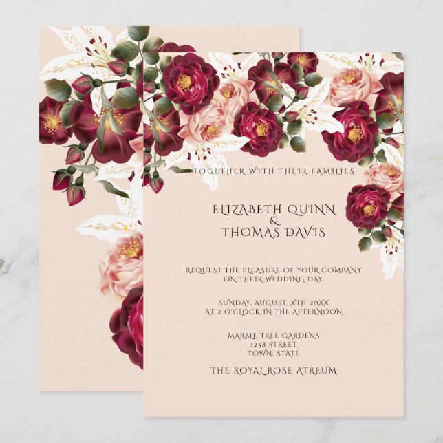 Invitation Belles Roses Rouges Peonies Roses Roses Roses Rose (Devant / Derrière)
