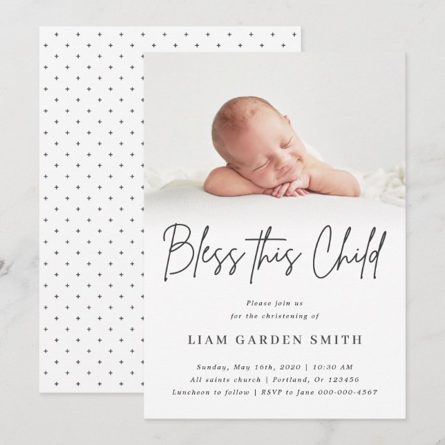 Invitation Béni cet enfant écrit à la main Christening Photo  (Devant / Derrière)
