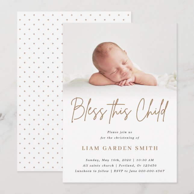 Invitation Béni cet enfant écrit à la main Christening Photo  (Devant / Derrière)