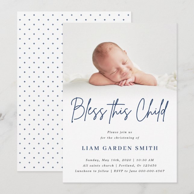 Invitation Béni cet enfant écrit à la main Christening Photo  (Devant / Derrière)
