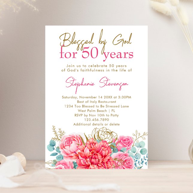 Invitation Béni par Dieu Pink Floral Christian 50e anniversai (Créateur téléchargé)