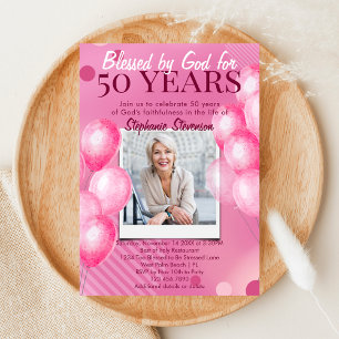 Invitation Béni par Dieu Rose Photo Chrétien 50e Anniversaire