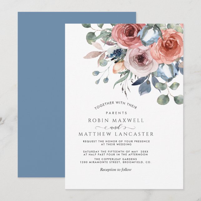 Invitation Bénie Florale, Bouquet Élégant Mariage (Devant / Derrière)