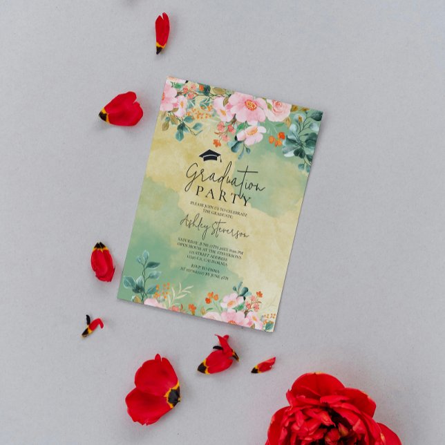 Invitation Beown rose aquarelle fleurie graduation botanique (Créateur téléchargé)