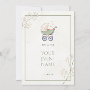 Invitation Berceau bébé vert sauge Branche de baie