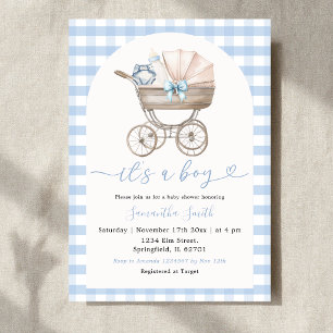 Invitation Berceau Biberon Promenade Bleu Gingham Baby Shower