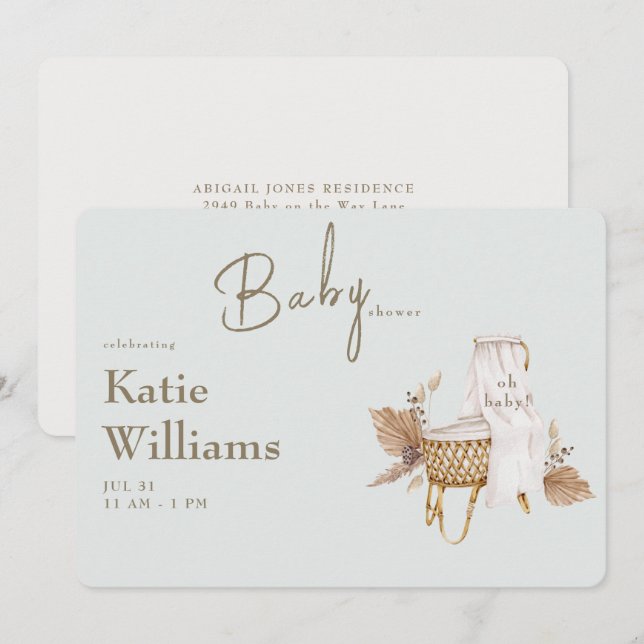 Invitation Berceau de bébé en Light Sage Boho  (Devant / Derrière)