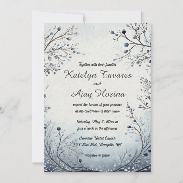 Invitation Berries modifiables sur Mariage bleu (Devant)