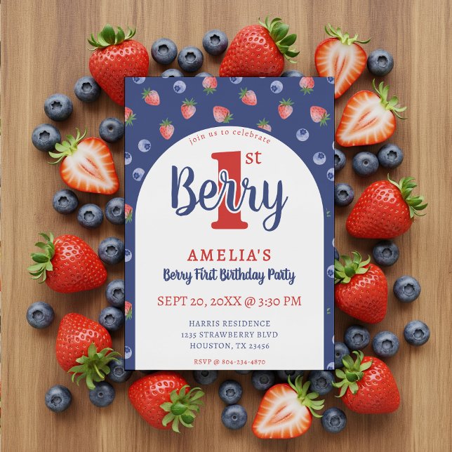 Invitation Berry 1er Anniversaire Fraise Bleu bleuet fraise (Berry 1st Birthday Party Strawberry Blueberry Blue Invitation
)
