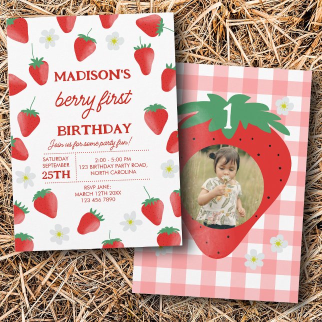 Invitation Berry 1er Anniversaire Photo fraise (Berry First 1st One Birthday Strawberry Photo Invitation)